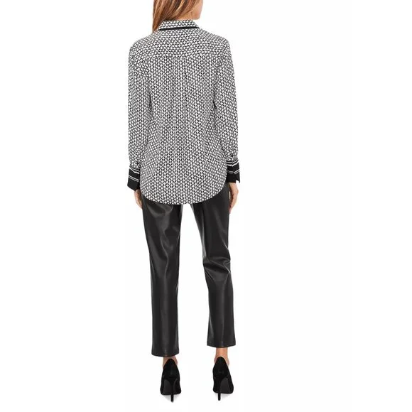 VINCE CAMUTO GEOMETRIC PRINT STRIPE TRIM BLOUSE - Picture 6 of 16